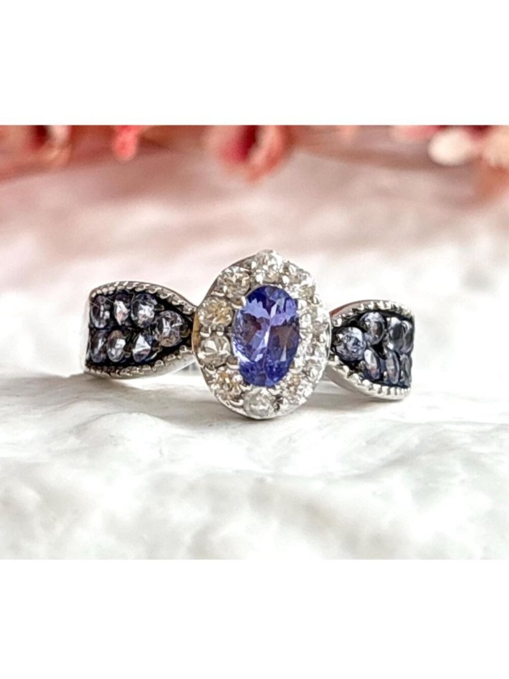 Tanzanite Gemstone Oval Cut Halo Style Sterling Silver 925 Vintage Ring - sz 8